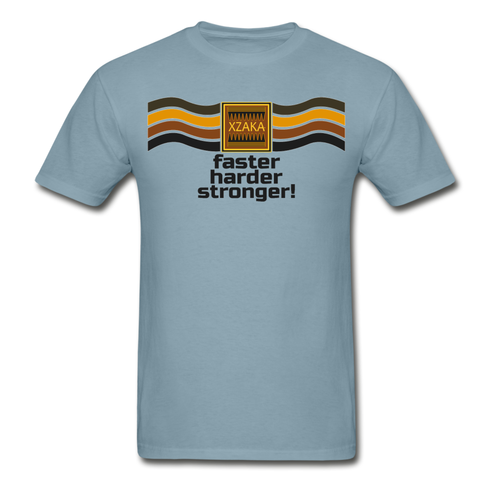 XZAKA - Men "Faster, Harder, Stronger" Tagless T-Shirt - Hanes - WHT - stonewash blue