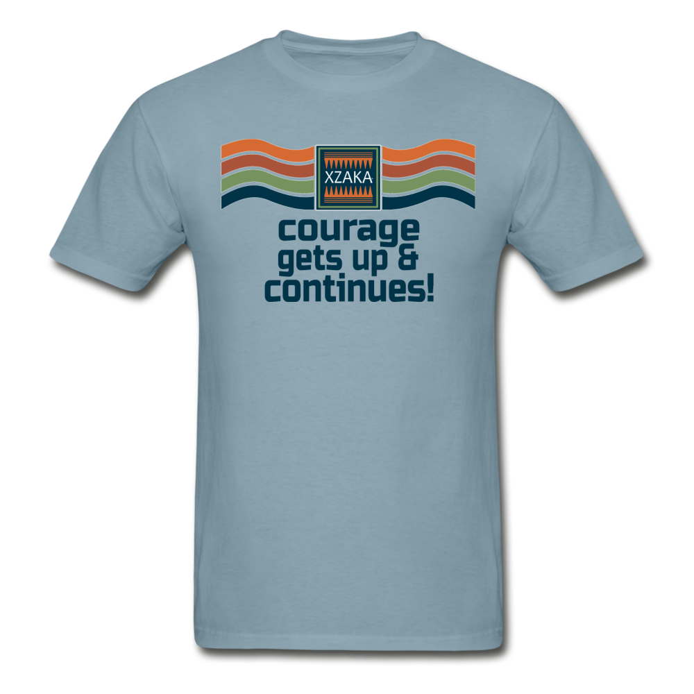 XZAKA - Men "Courage Gets up & Continues" Tagless T-Shirt - Hanes - WHT - stonewash blue